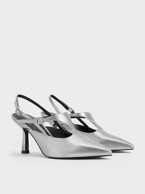 Metallic Cut-Out Pointed-Toe Slingback Pumps, Silver, hi-res
