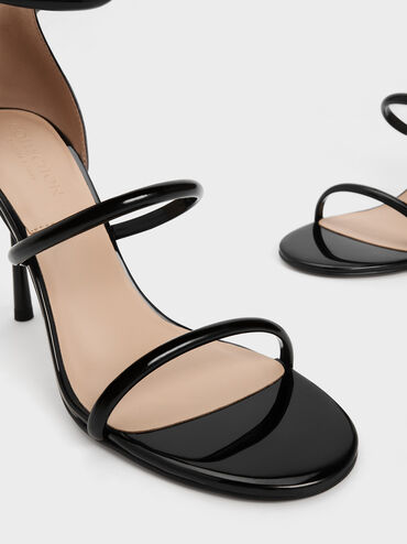 Patent Leather Triple Strap Heeled Sandals, Black Patent, hi-res