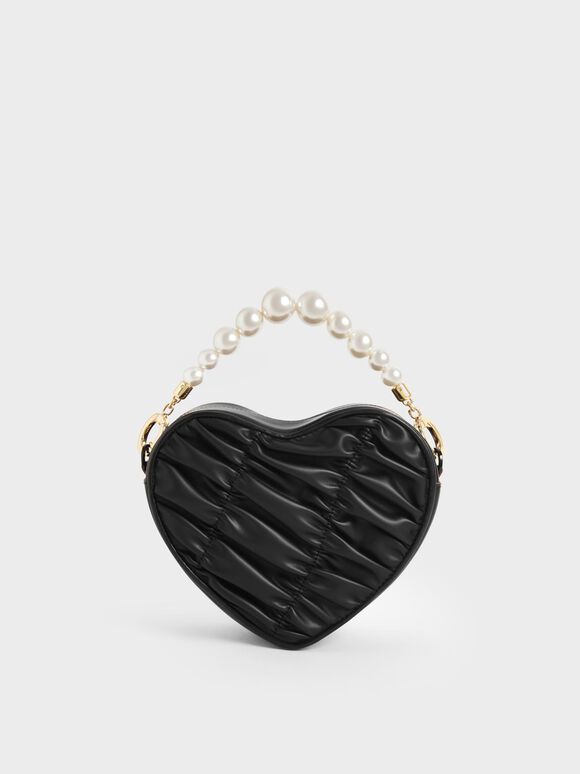 Bead Handle Heart Evening Bag, Black, hi-res