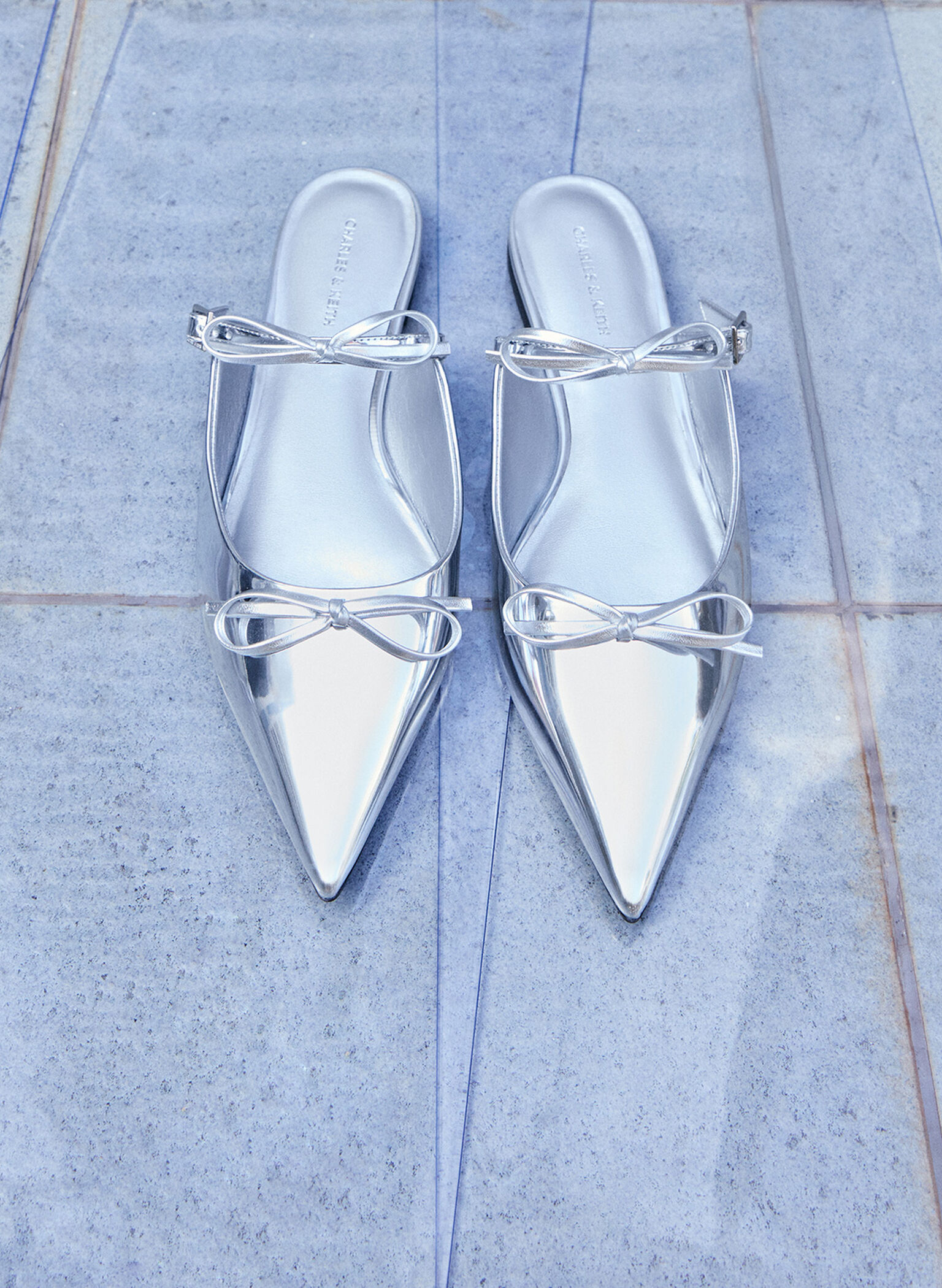 Metallic Double-Bow Pointed-Toe Mules, Silver, hi-res
