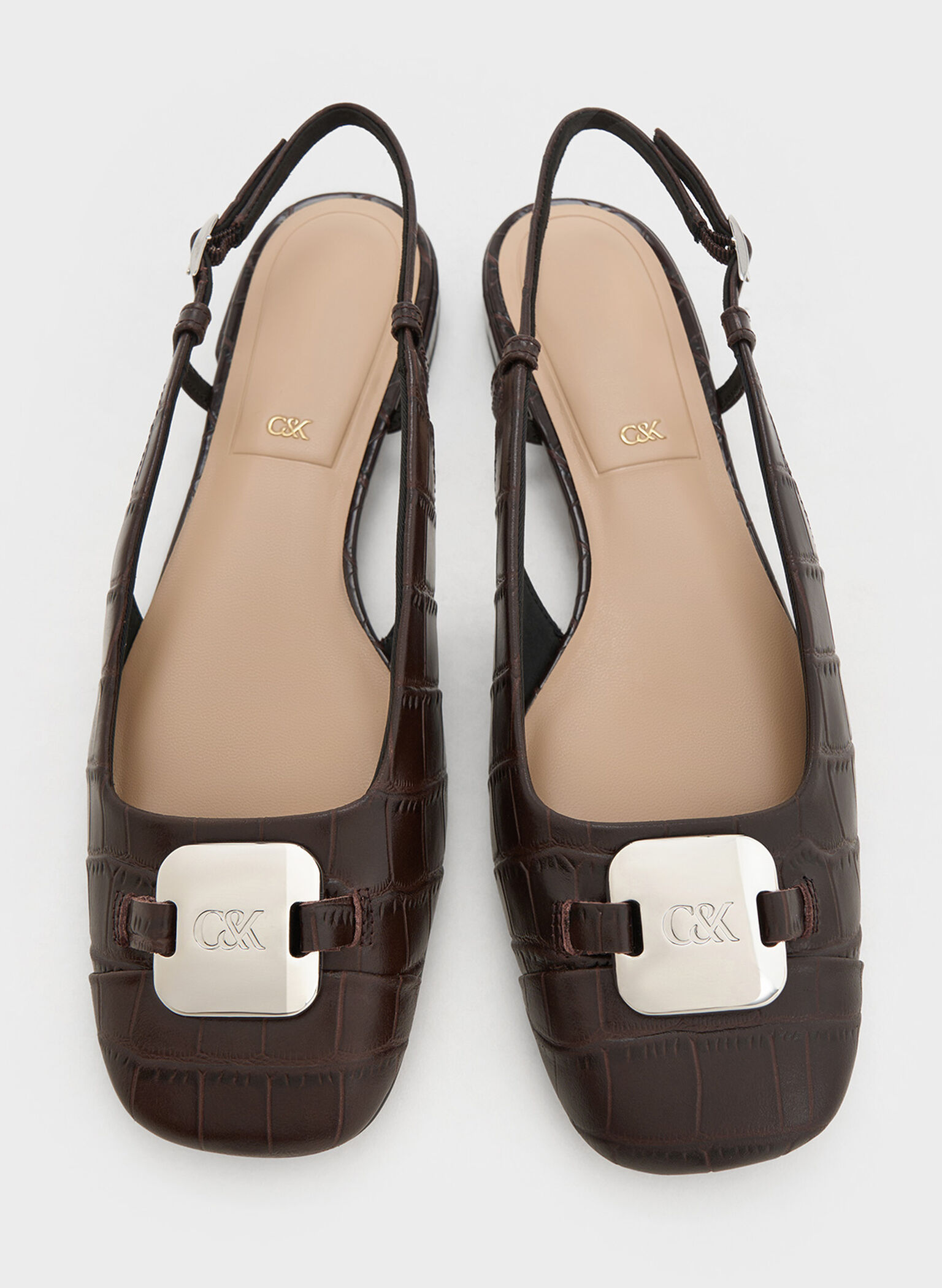 Croc-Effect Leather Metallic-Accent Slingback Flats, Dark Brown, hi-res