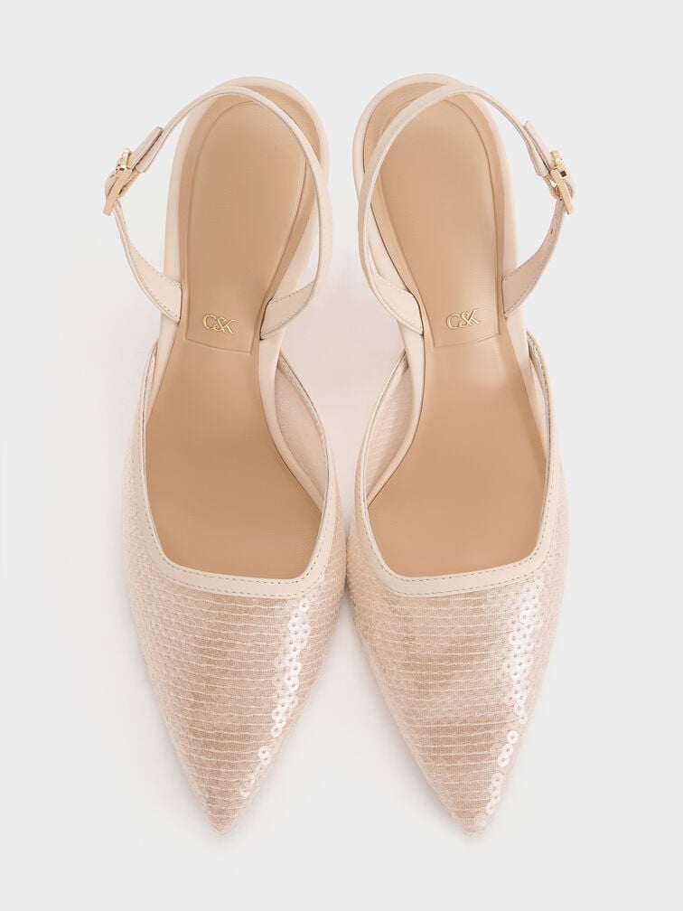 Sequin Mesh & Leather Pointed-Toe Slingback Pumps, Nude, hi-res