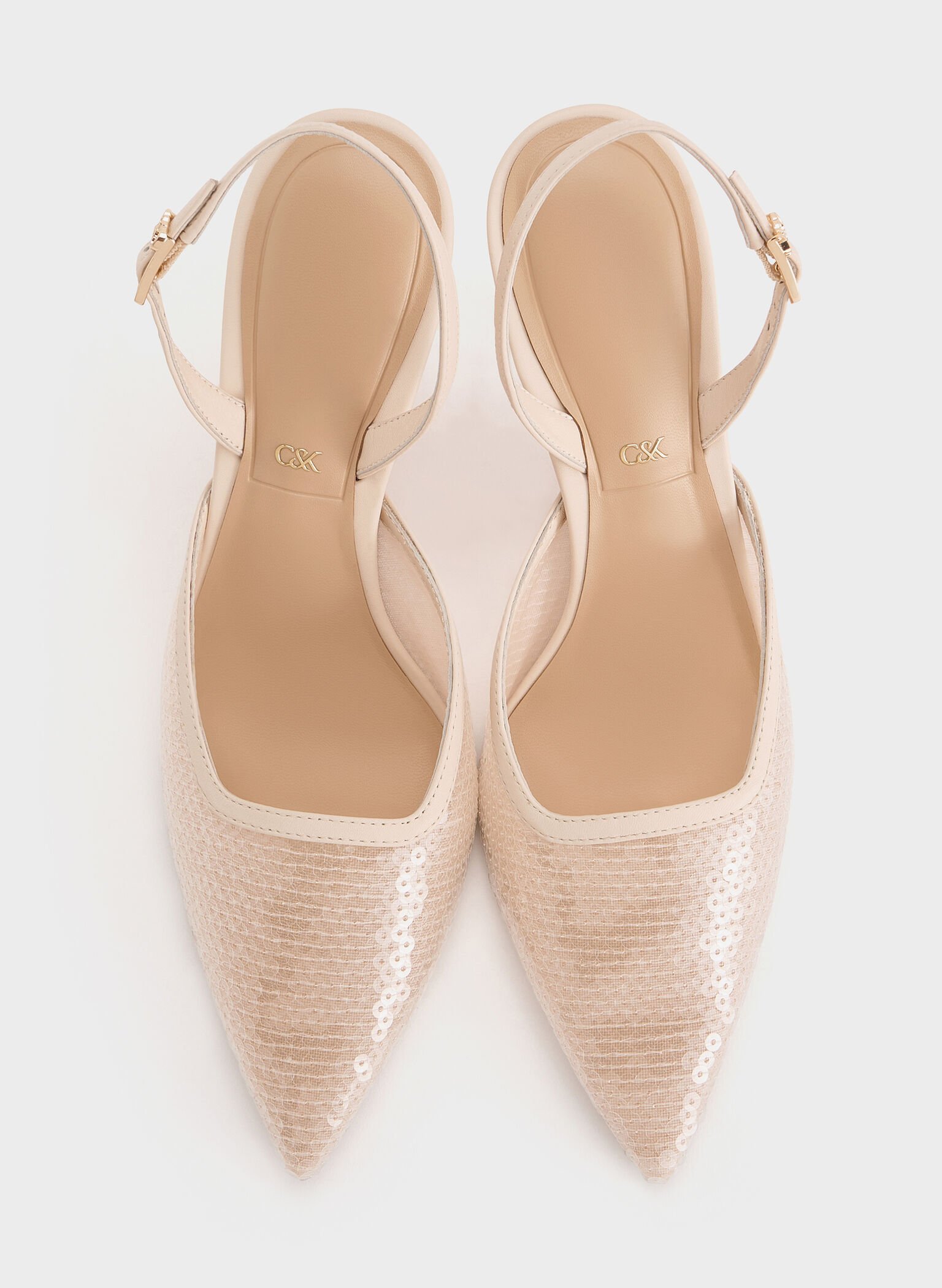 Sequin Mesh & Leather Pointed-Toe Slingback Pumps, Nude, hi-res