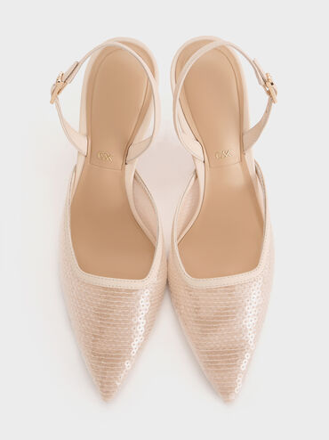 Sequin Mesh & Leather Pointed-Toe Slingback Pumps, Nude, hi-res