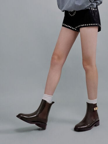 Lando Faux Suede Metallic-Buckle Chelsea Boots, Dark Brown, hi-res