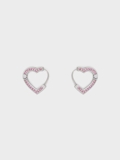 Malorie Crystal Heart Hoop Earrings, Silver, hi-res