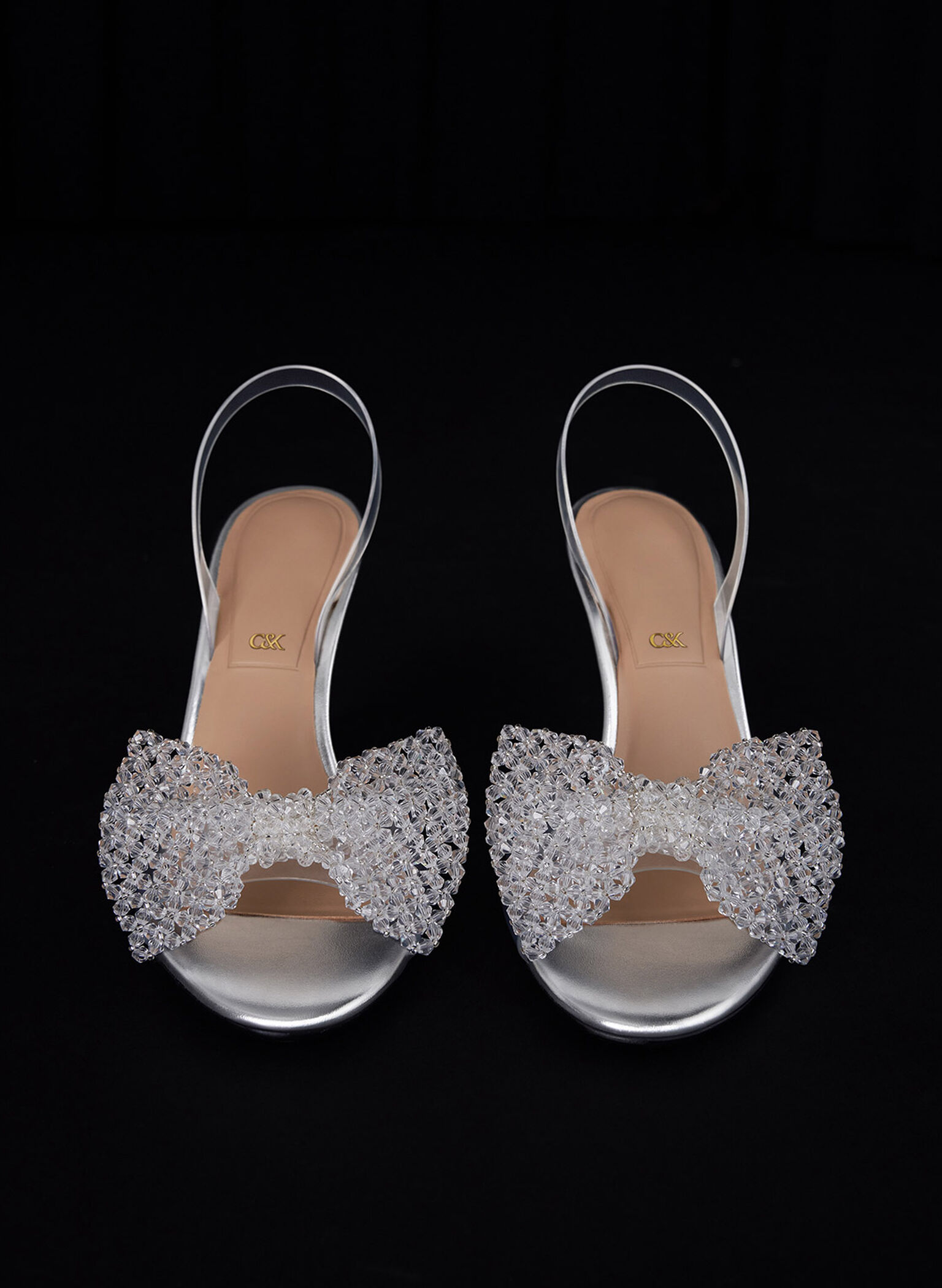 See-Through Beaded Bow Slingback Pumps, Clear, hi-res