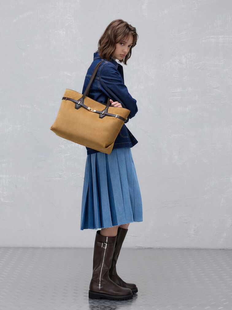 Arlet Recycled Suede Double-Handle Belted Tote Bag, Sahara Sand, hi-res