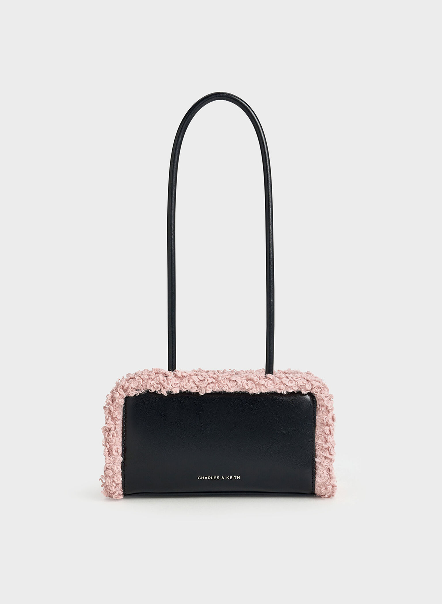 Fur-Trim Elongated-Handle Shoulder Bag, Pink, hi-res