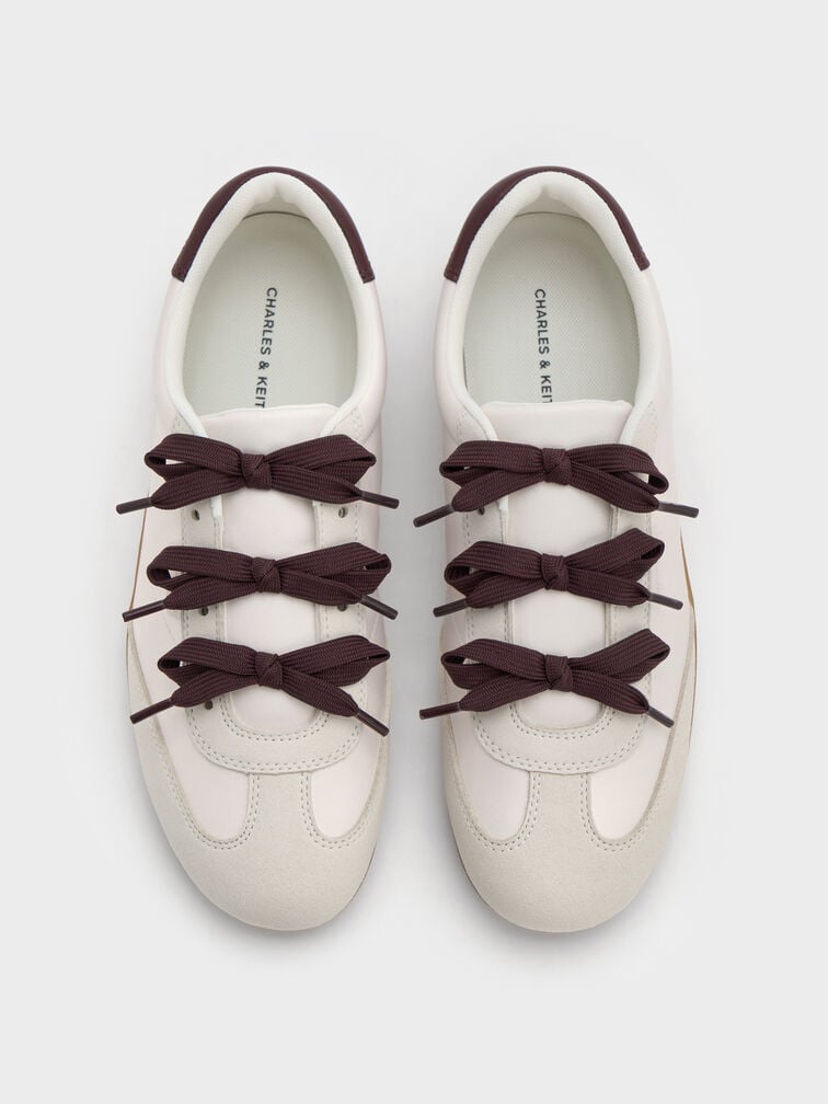 Satin Textured Contrast-Panel Triple-Bow Sneakers, Chalk, hi-res