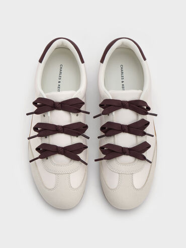 Satin Textured Contrast-Panel Triple-Bow Sneakers, Chalk, hi-res