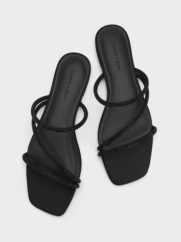 Satin Crystal-Embellished Strappy Sandals, Black Textured, hi-res