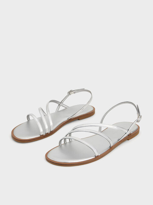 Metallic Asymmetric Triple-Strap Sandals, Silver, hi-res