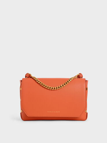 Studded Chain Link Shoulder Bag, Orange, hi-res