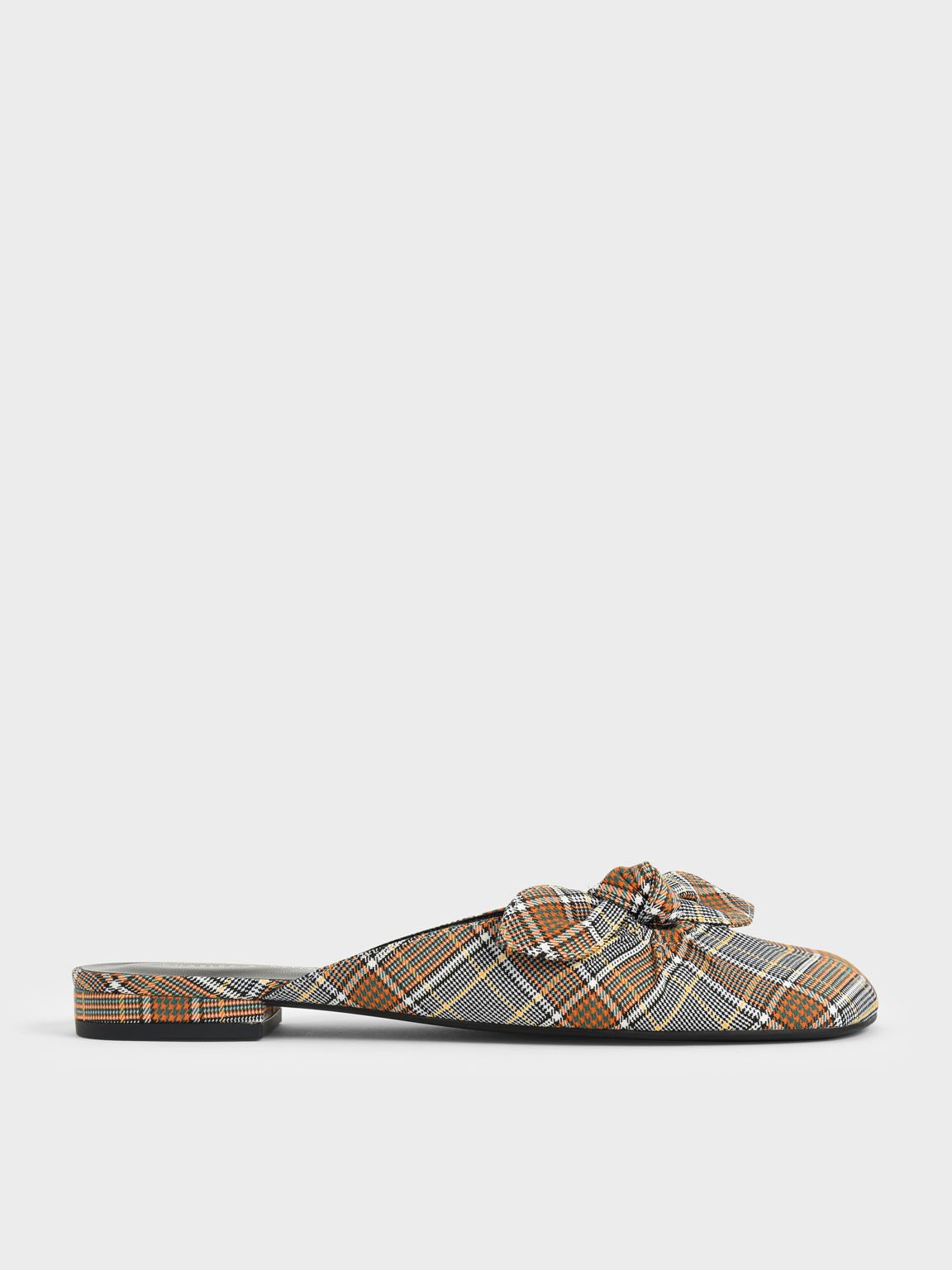 Check Print Knotted Fabric Mules, Grey, hi-res