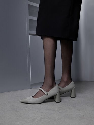 Faux Suede Cap-Toe Pointed Mary Jane Pumps, Grey, hi-res