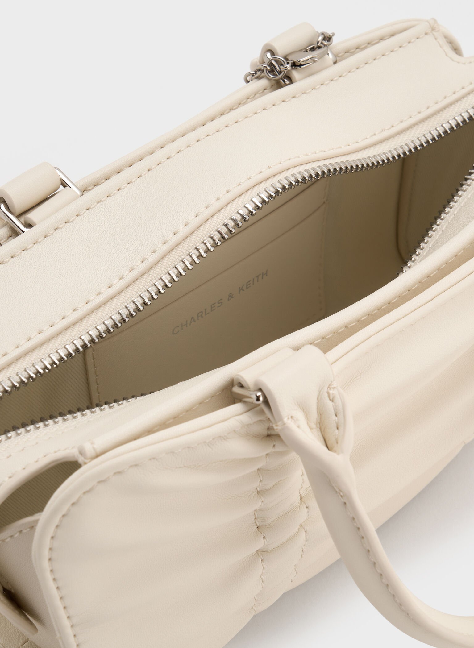 Kadee Ruched Bow-Charm Bowling Bag, Cream, hi-res