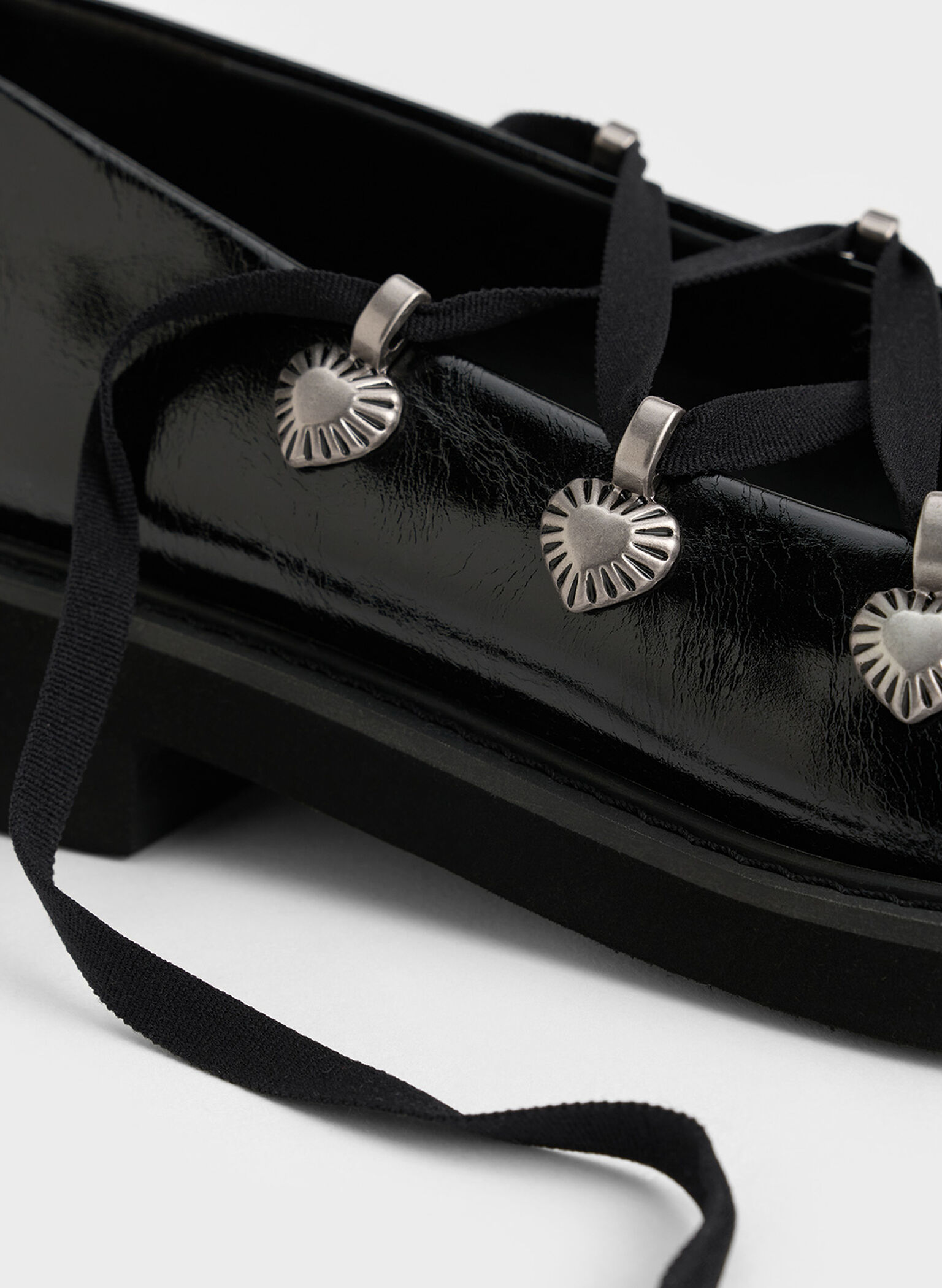 Heart-Embellished Lace-Up Ballet Flats, Black, hi-res