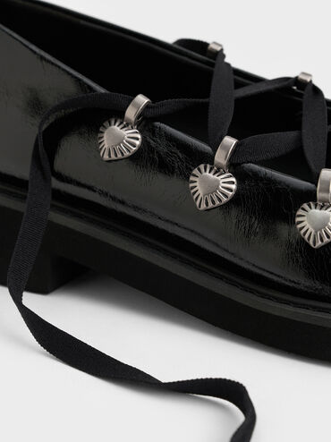 Heart-Embellished Lace-Up Ballet Flats, Black, hi-res