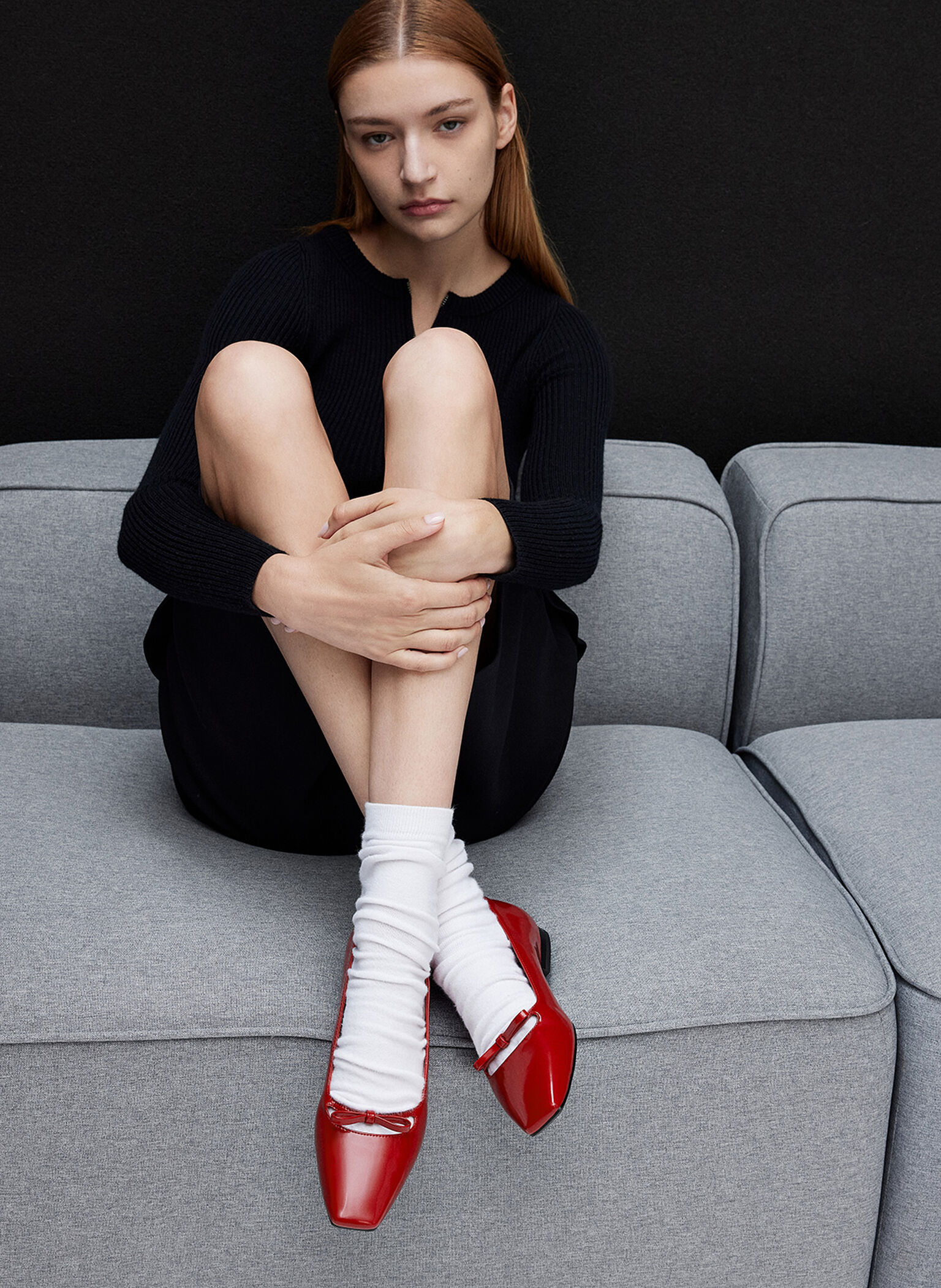 Bow Square-Toe Ballet Flats, Red, hi-res