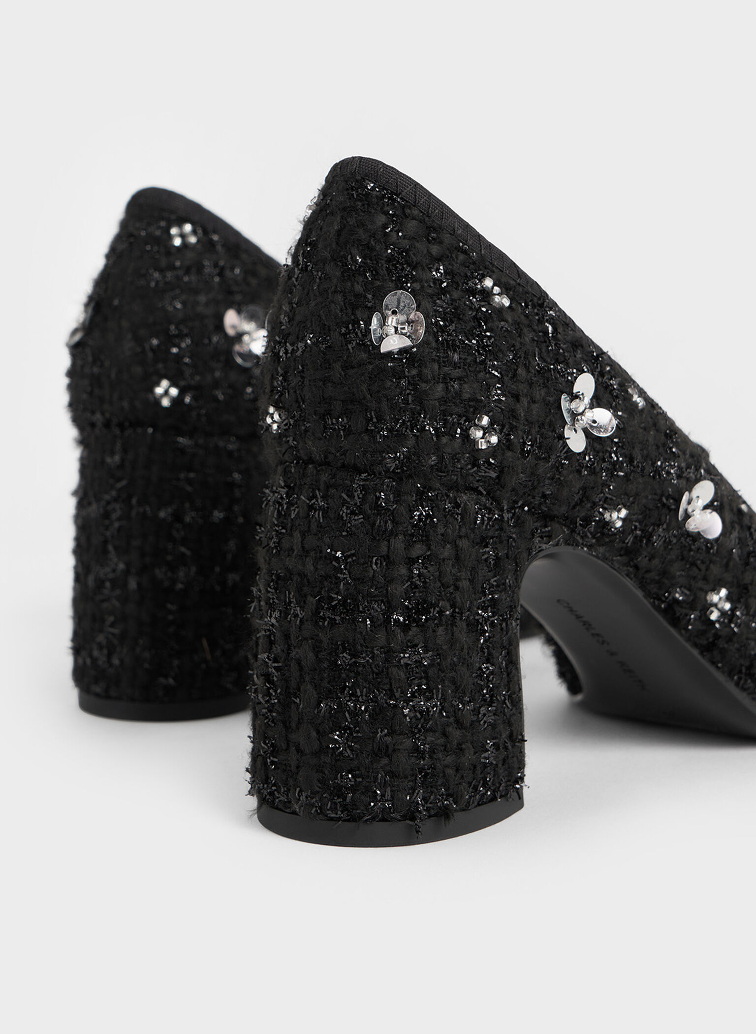 Mino Tweed Sequin-Flower Mary Jane Pumps, Black Textured, hi-res