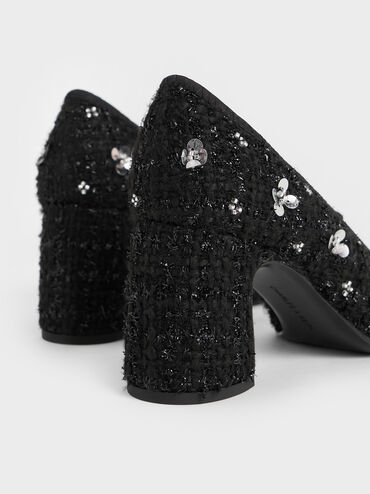 Mino Tweed Sequin-Flower Mary Jane Pumps, Black Textured, hi-res