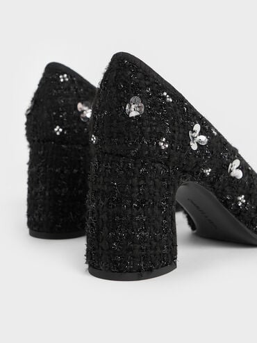 Mino Tweed Sequin-Flower Mary Jane Pumps, Black Textured, hi-res