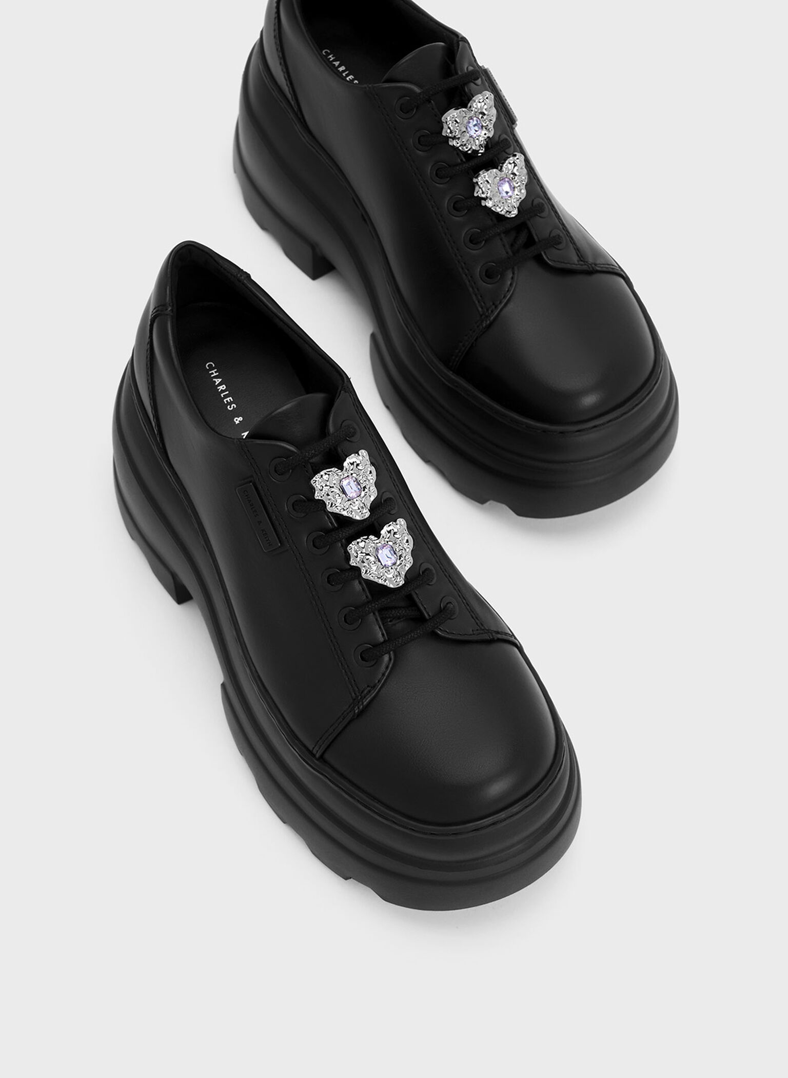Crystal Heart-Motif Lace-Up Oxfords, Black, hi-res