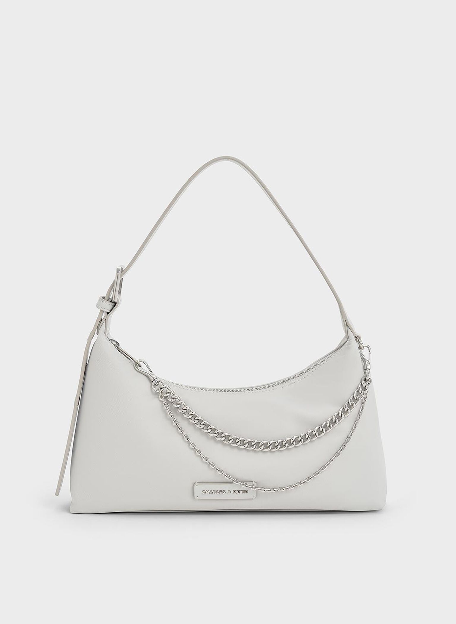 Nylon Chain-Link Trapeze Shoulder Bag, Light Grey, hi-res