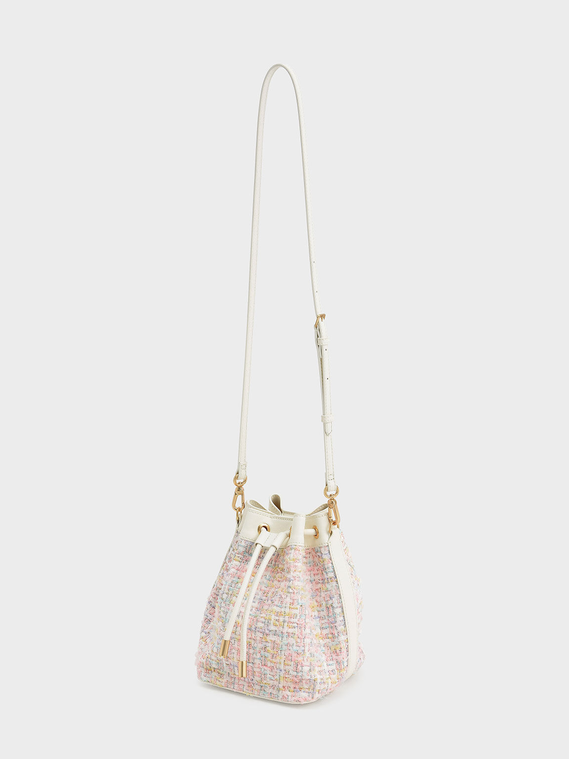 Tweed Drawstring Bucket Bag, Light Pink, hi-res