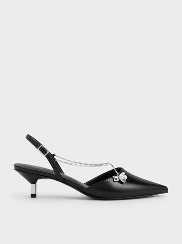 Flower-Accent Chain-Link Kitten-Heel Pumps, Black Box, hi-res