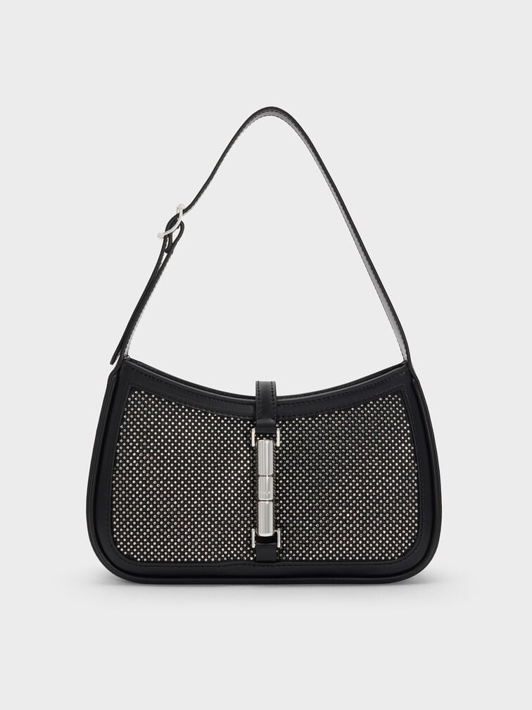 Cesia Satin Crystal-Embellished Metallic-Accent Shoulder Bag, Lustrous Noir, hi-res