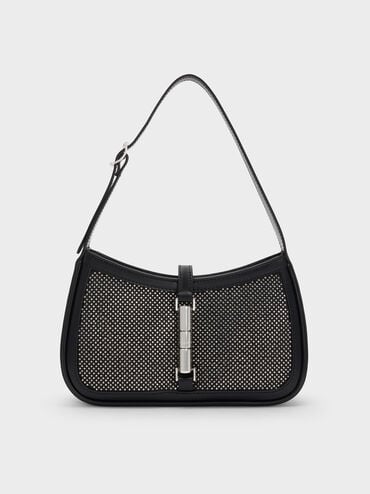 Cesia Satin Crystal-Embellished Metallic-Accent Shoulder Bag, Lustrous Noir, hi-res