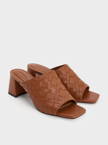 Woven Square-Toe Heeled Mules, Brown, hi-res