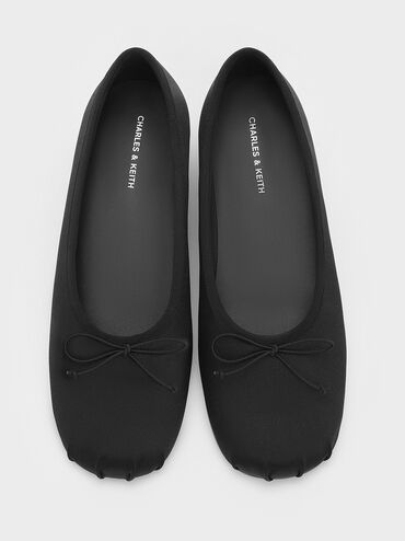 Satin Bow Ballet Flats, Black Textured, hi-res