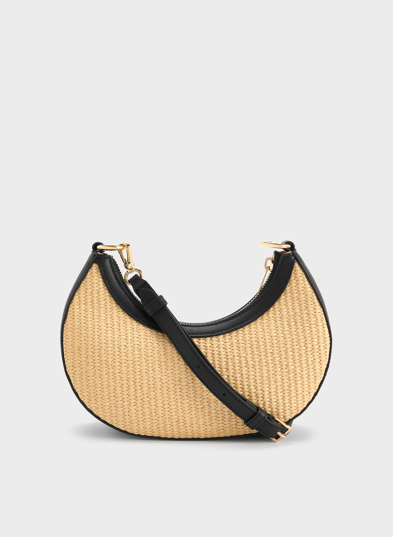 Leather & Raffia Crescent Hobo Bag, Neutral Raffia, hi-res