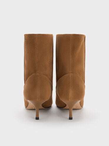 Aretha Suede Bow Kitten-Heel Calf Boots, Brown, hi-res