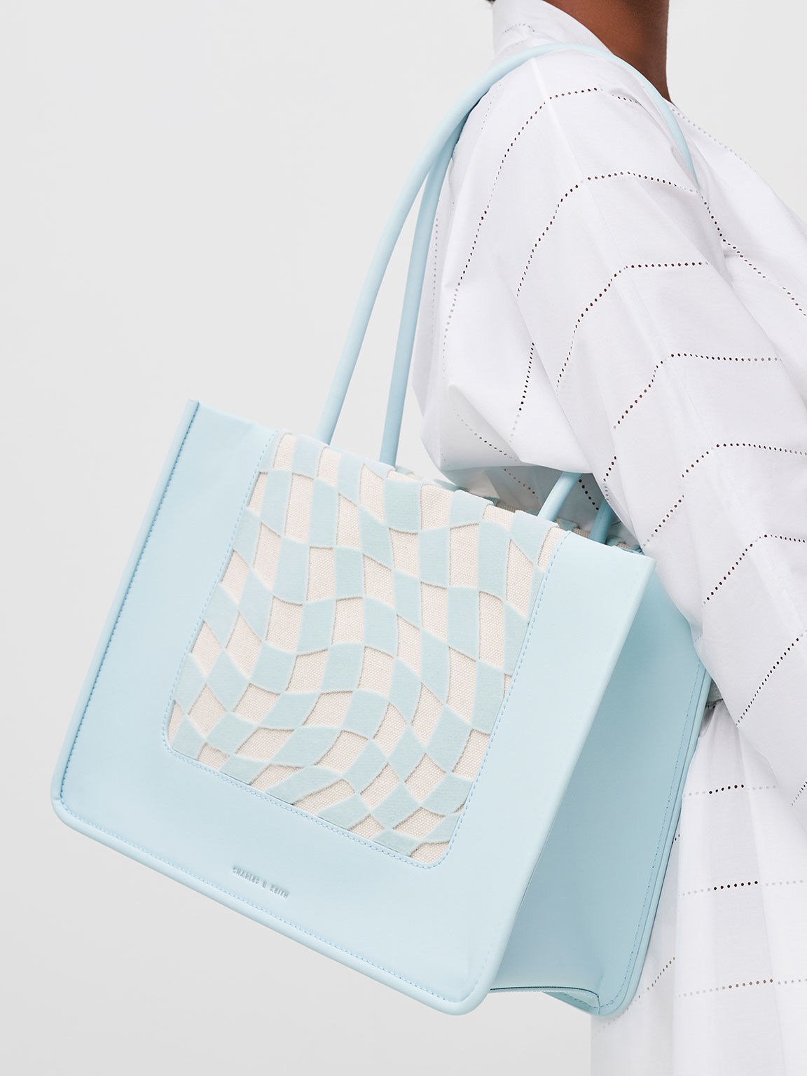 Daylla Checkered Canvas Large Tote Bag, Light Blue, hi-res
