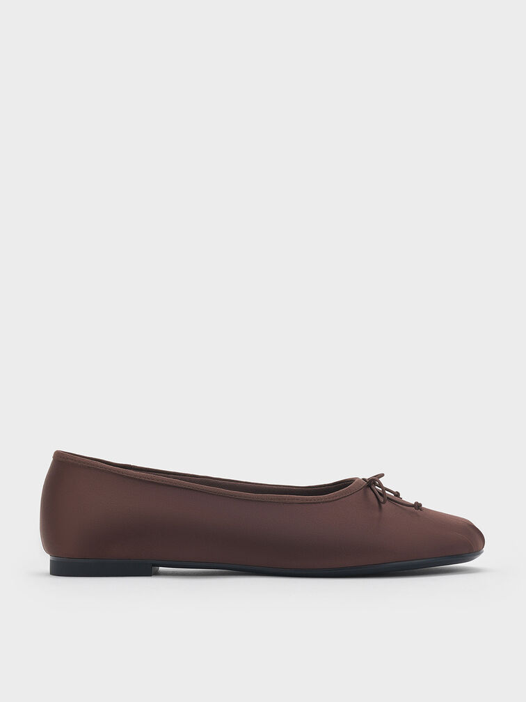 Satin Bow Ballet Flats, Dark Brown, hi-res