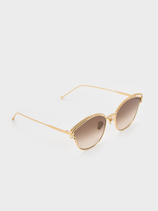 Braided Wire-Frame Cateye Sunglasses, Gold, hi-res