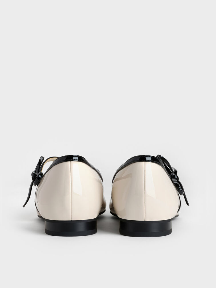 Patent Contrast-Trim Pointed-Toe Bow-Strap Flats, Chalk, hi-res