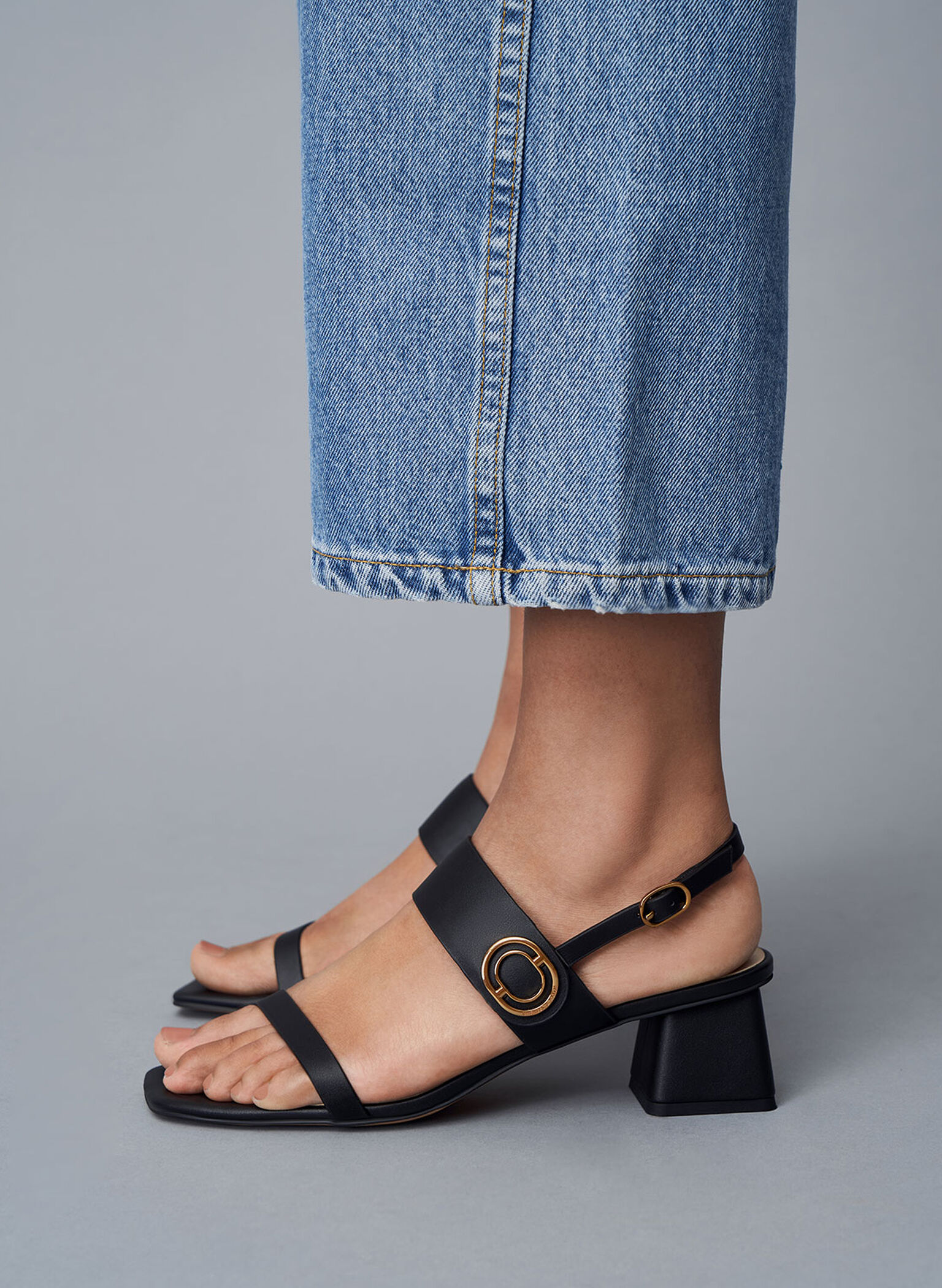 Metallic Accent Trapeze Heel Sandals, Black, hi-res