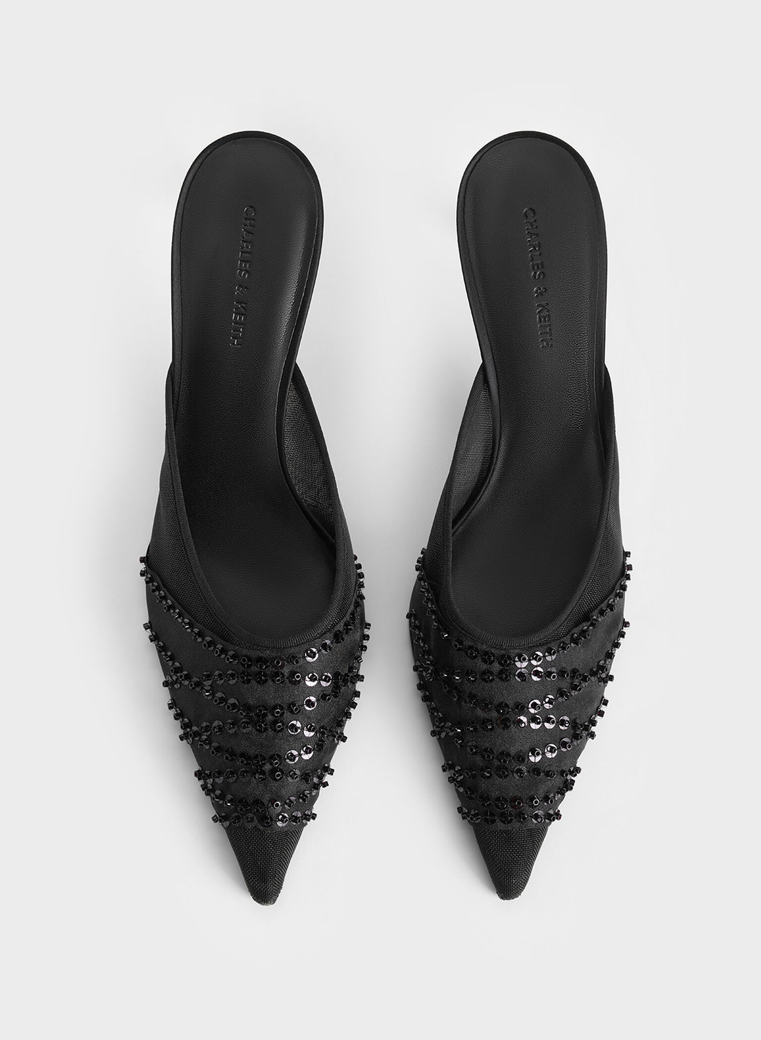 Mesh Sequinned Heeled Mules, Black Textured, hi-res