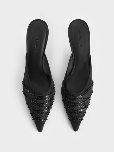 Mesh Sequinned Heeled Mules, Black Textured, hi-res