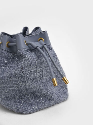 Woven Handle Tweed Bucket Bag, Denim Blue, hi-res