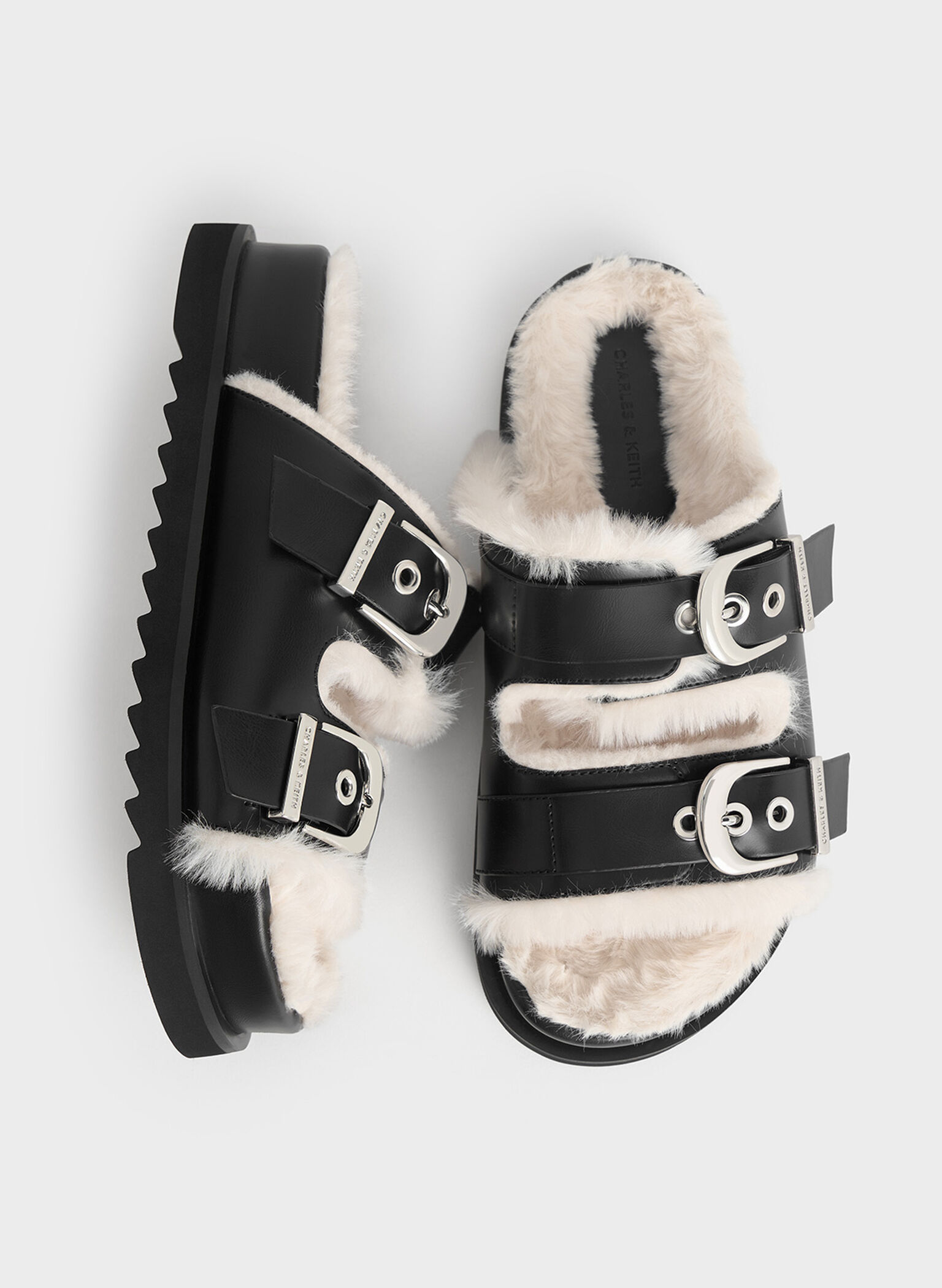 Hannah Furry Buckled Double-Strap Sandals, Black, hi-res