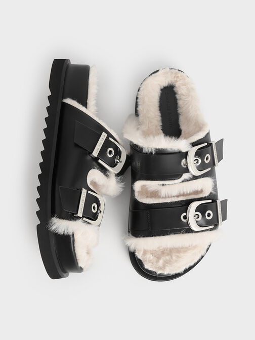 Hannah Furry Buckled Double-Strap Sandals, Black, hi-res