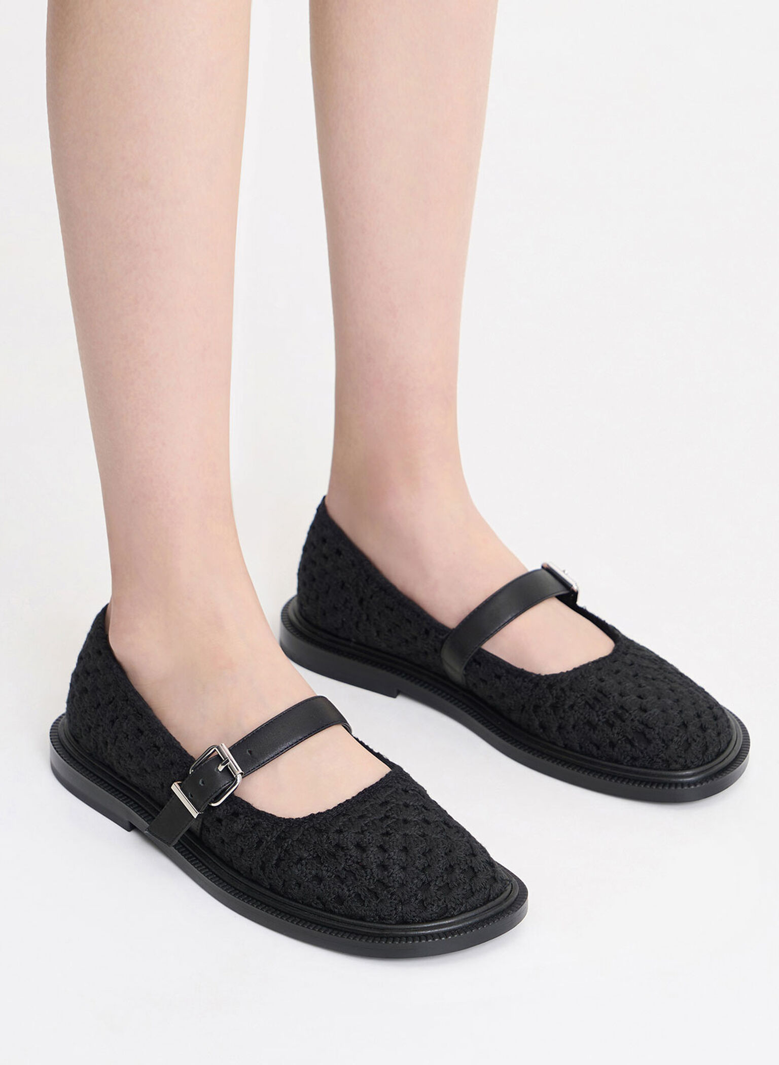 Crochet & Leather Mary Janes, Black, hi-res