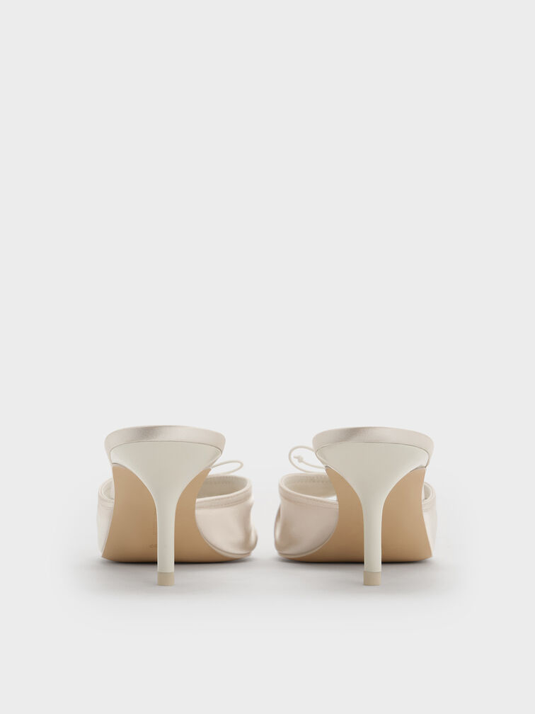 Satin Ruched Bow Heeled Mules, Chalk, hi-res