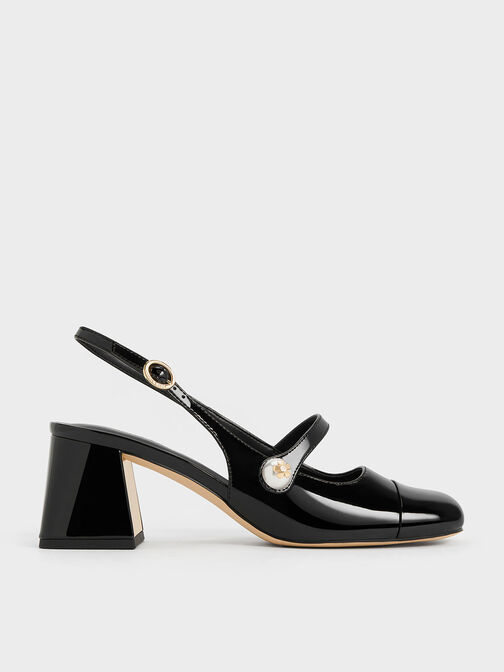 Patent Pearl Embellished Trapeze-Heel Slingback Pumps, Black Patent, hi-res